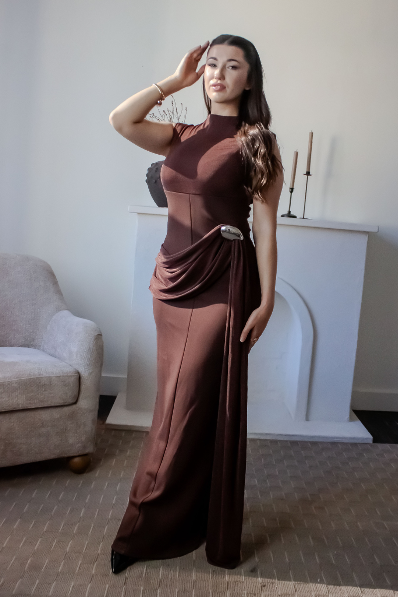 Selene Drape Maxi Dress - Brown
