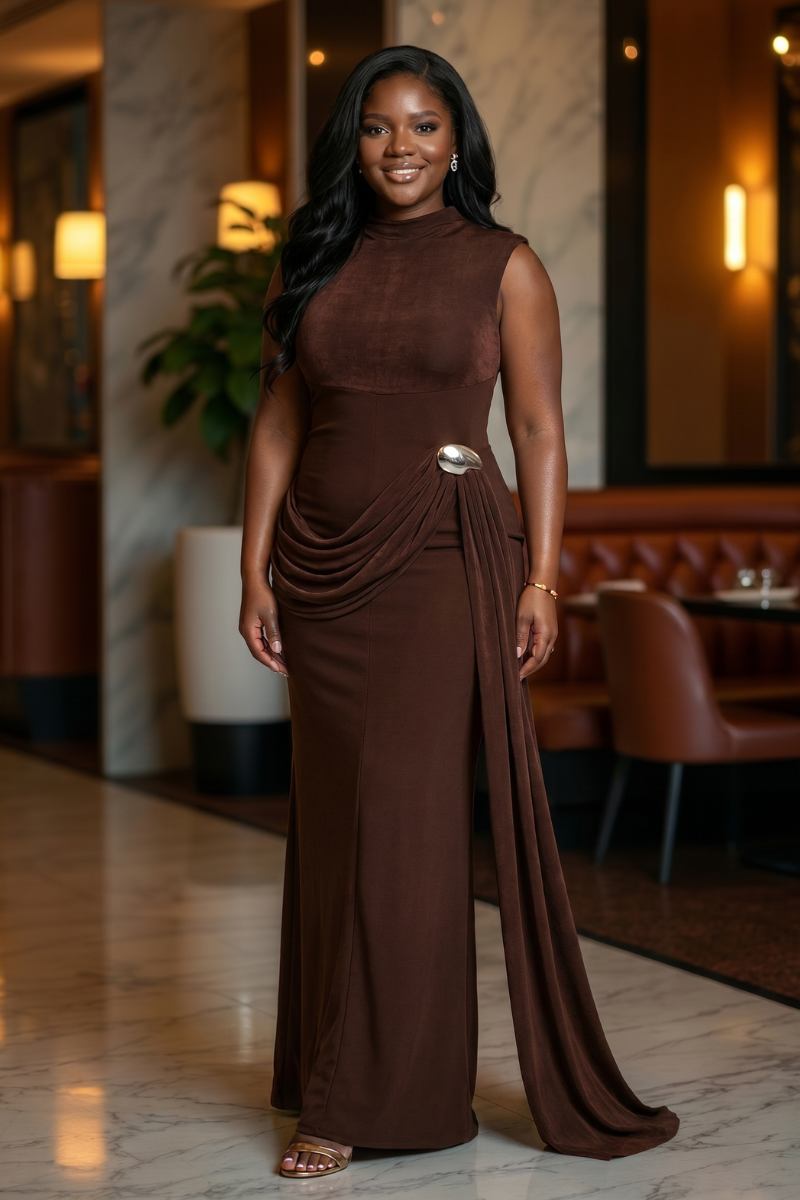 Selene Drape Maxi Dress - Brown